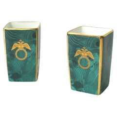 English Green Malachite and Gold Porcelain Desk Pen Holders or Vases, Pair