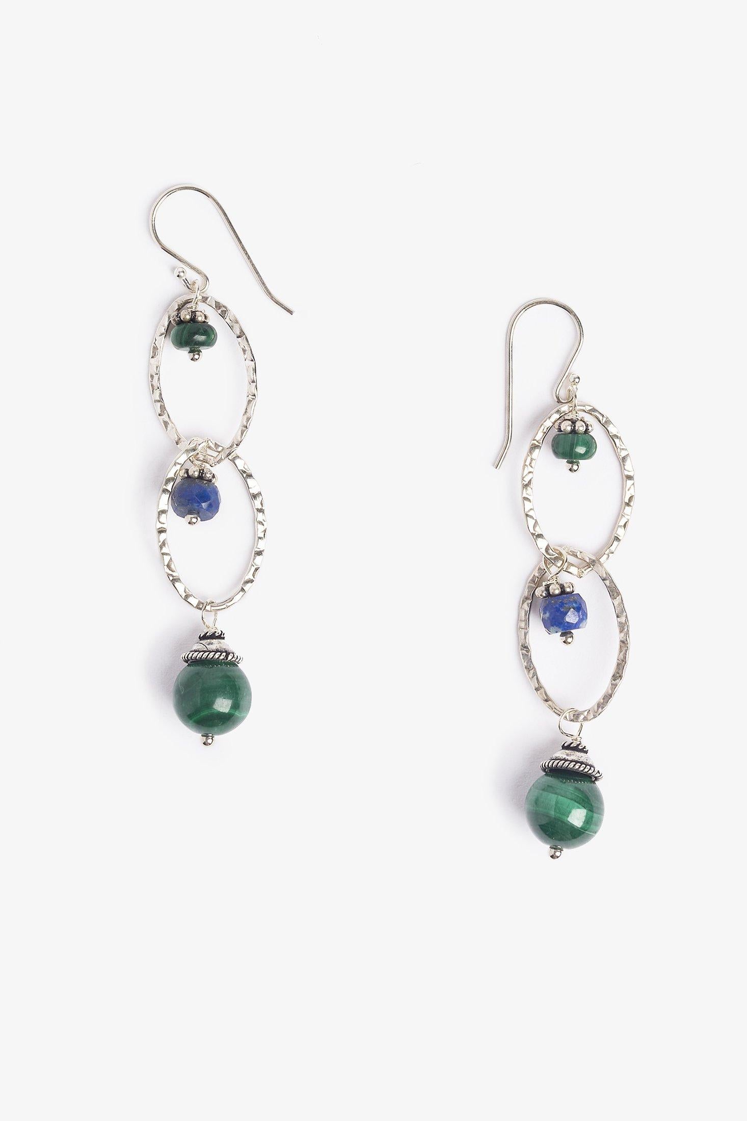 Artisan  Green Malachite and Lapis Earth Earrings For Sale