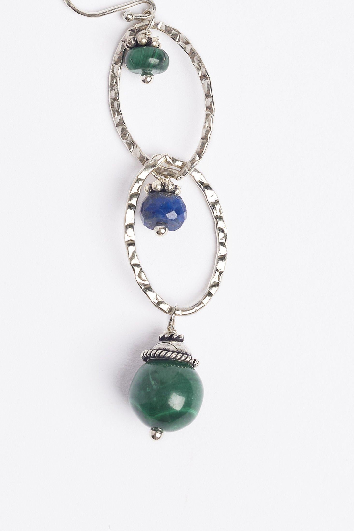 Round Cut  Green Malachite and Lapis Earth Earrings For Sale