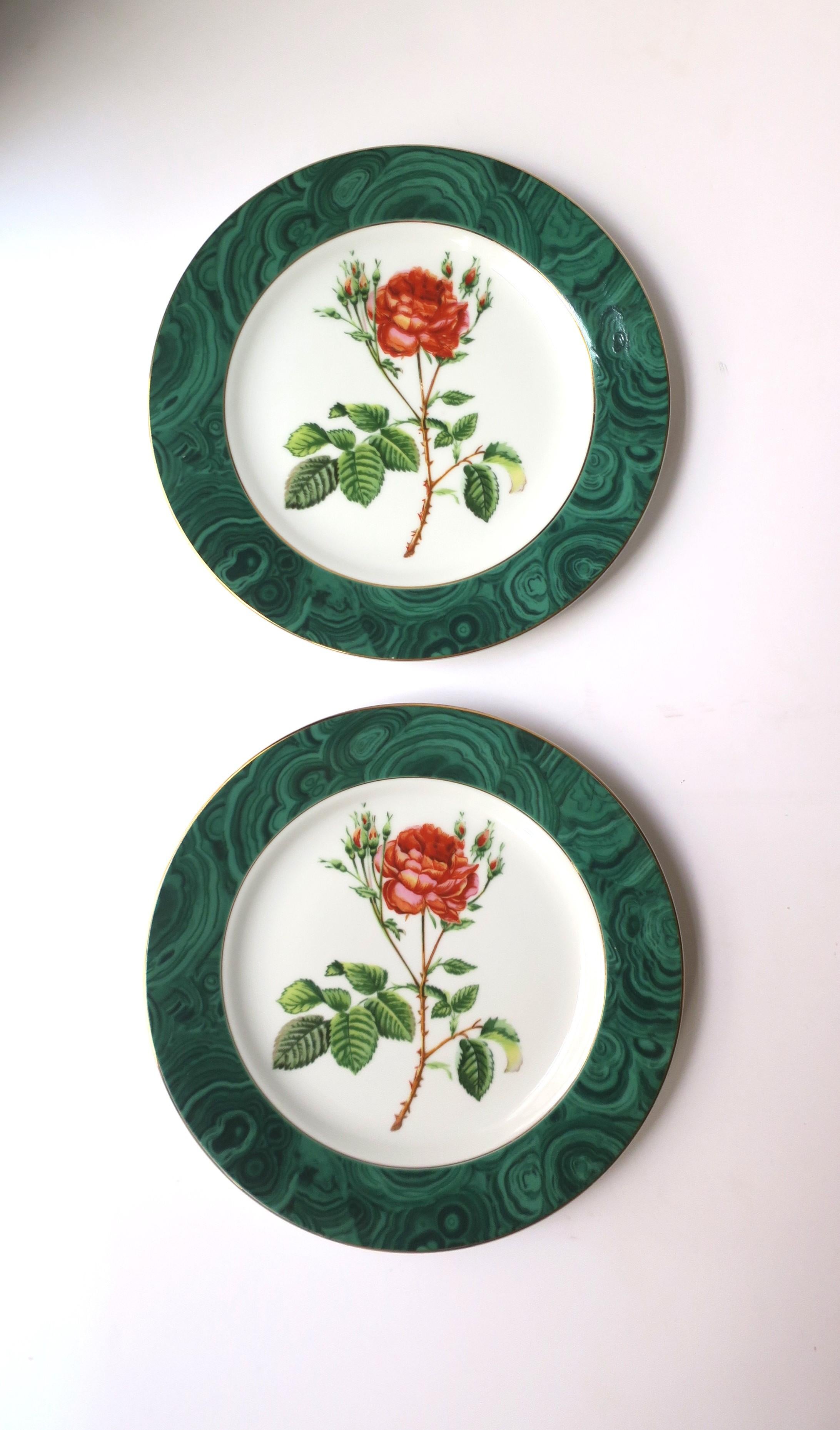Glazed Green Malachite and Rose Chintz Porcelain Plates, Set of 2 For Sale