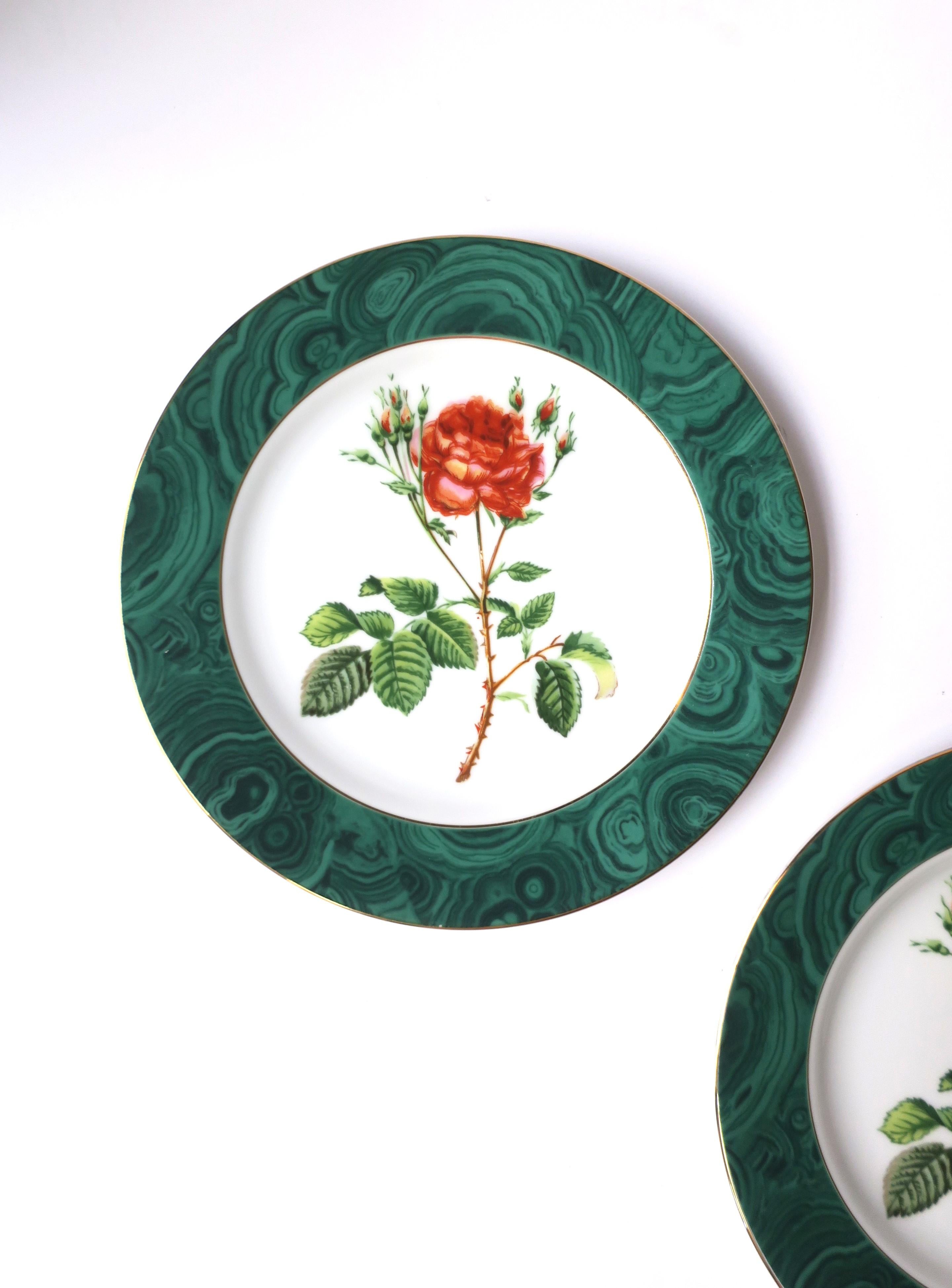 Green Malachite and Rose Chintz Porcelain Plates, Set of 2 In Excellent Condition For Sale In New York, NY