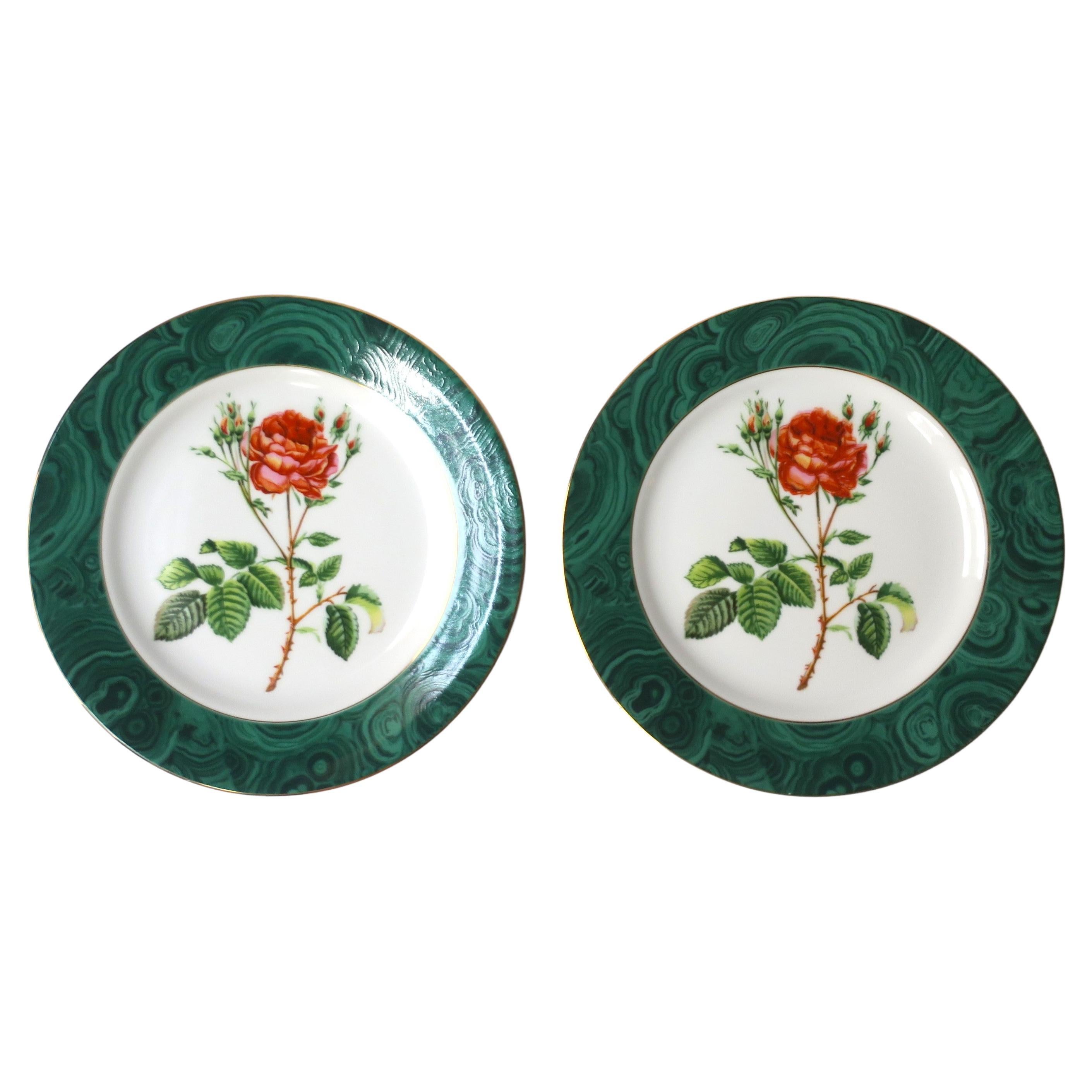 Green Malachite and Rose Chintz Porcelain Plates, Set of 2