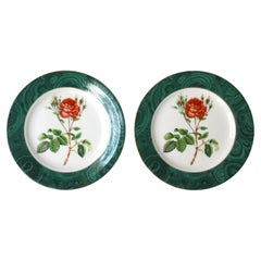 Green Malachite and Rose Chintz Porcelain Plates, Set of 2