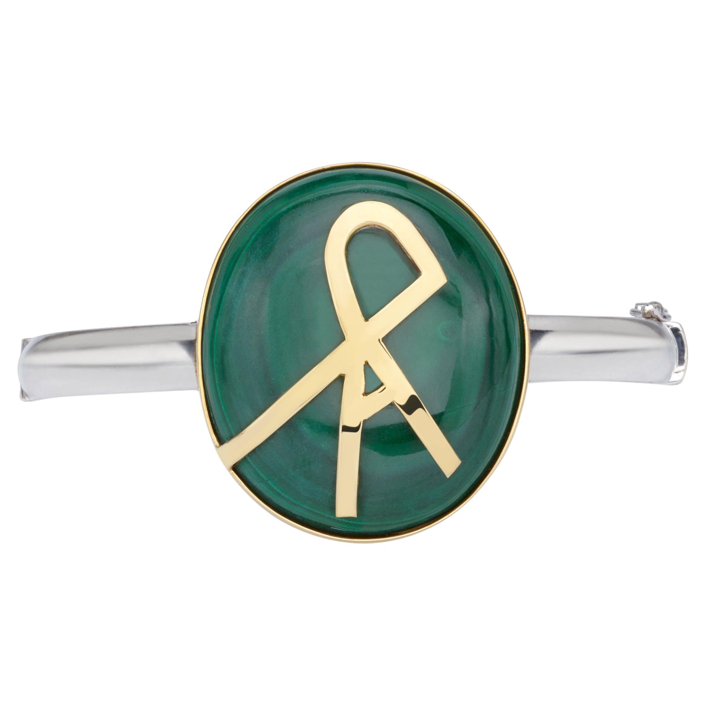 Green Malachite Bangle Bracelet in 18kt Yellow Gold & Silver with KRA Initials