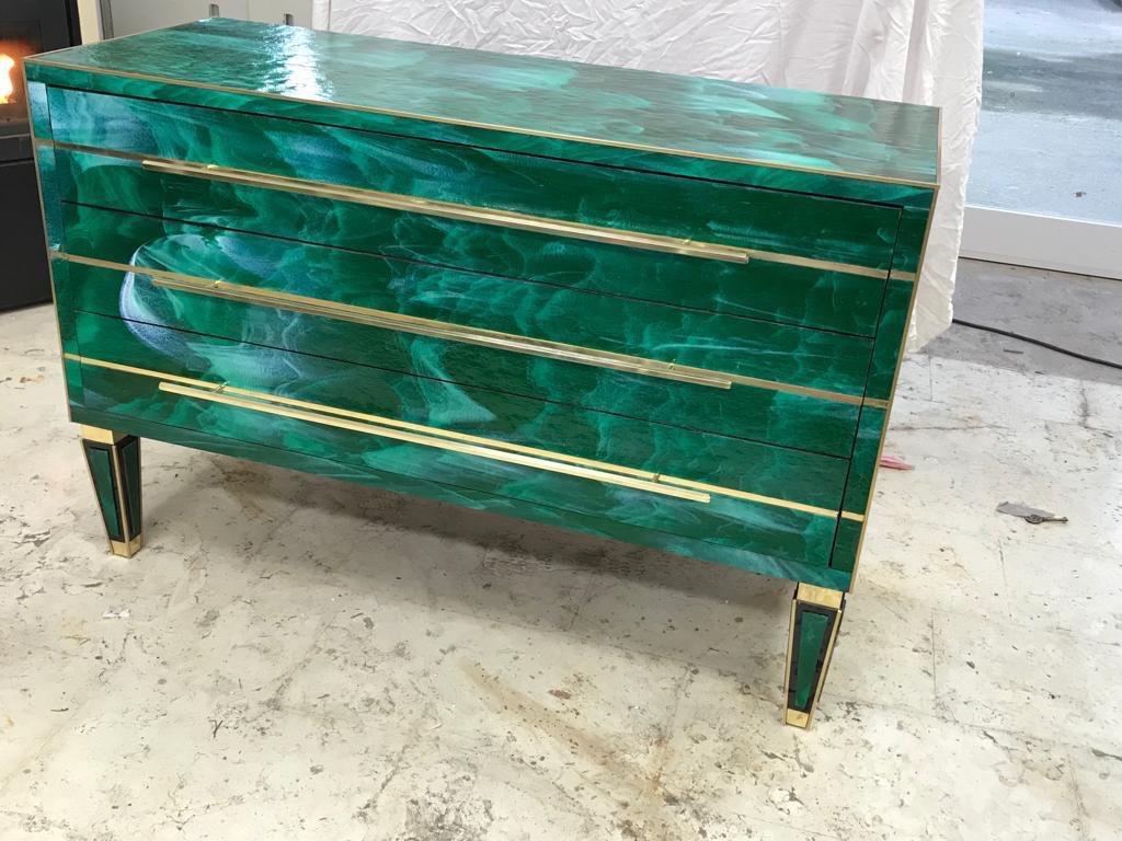 Green Malachite Effect Opaline Glass Chest of Drawers Brass Details, 1980s 4