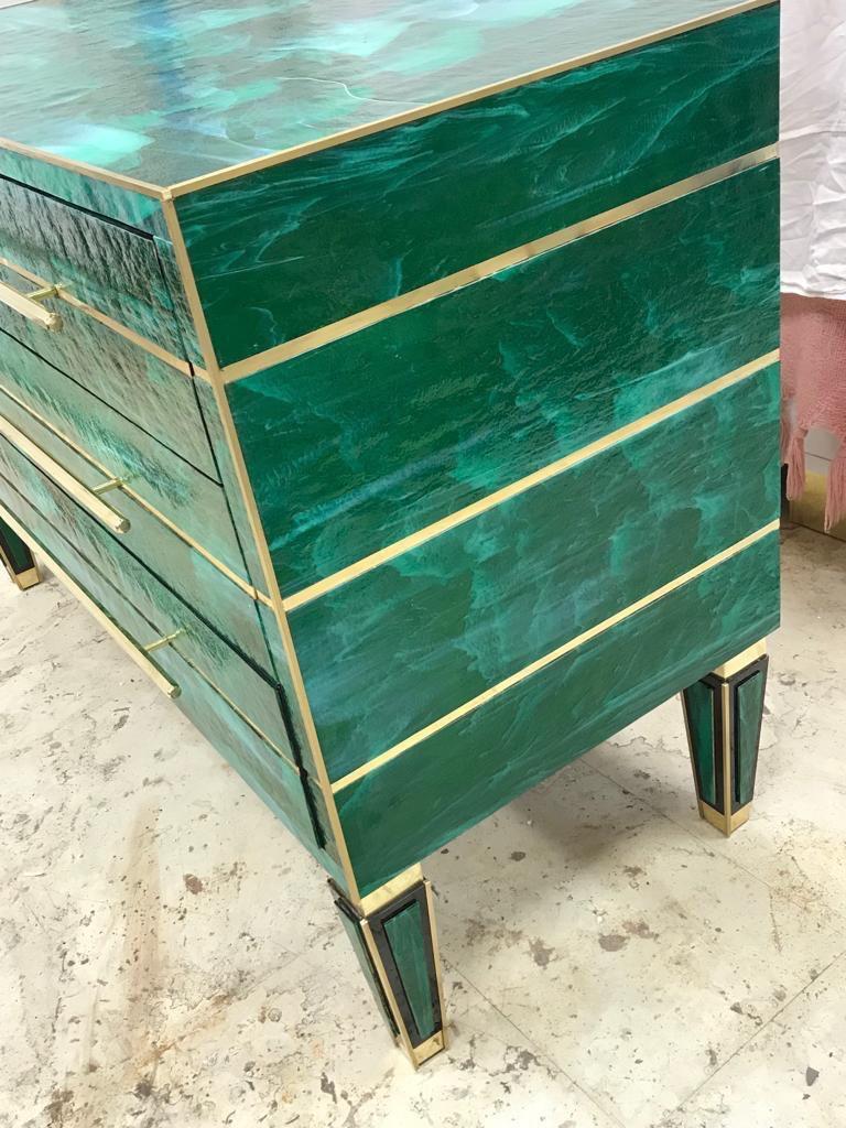 Green Malachite Effect Opaline Glass Chest of Drawers Brass Details, 1980s 5