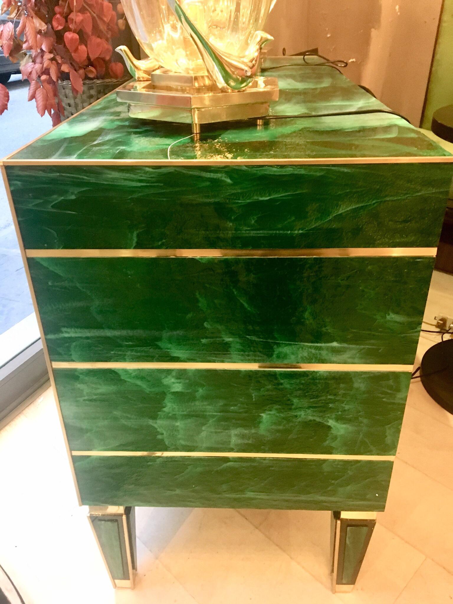 Green Malachite Effect Opaline Glass Chest of Drawers Brass Details, 1980s 6