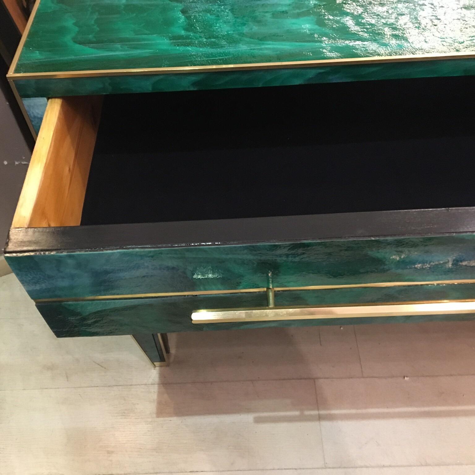 Green Malachite Effect Opaline Glass Chest of Drawers Brass Details, 1980s 7
