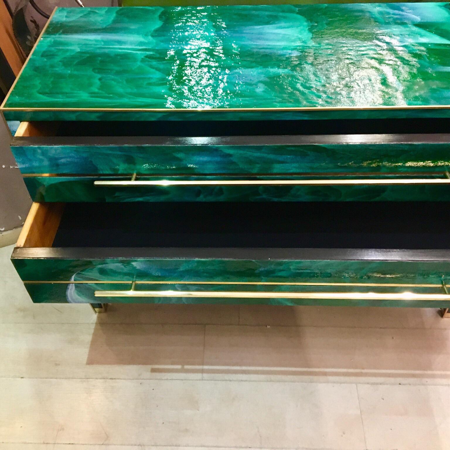 Green Malachite Effect Opaline Glass Chest of Drawers Brass Details, 1980s 8