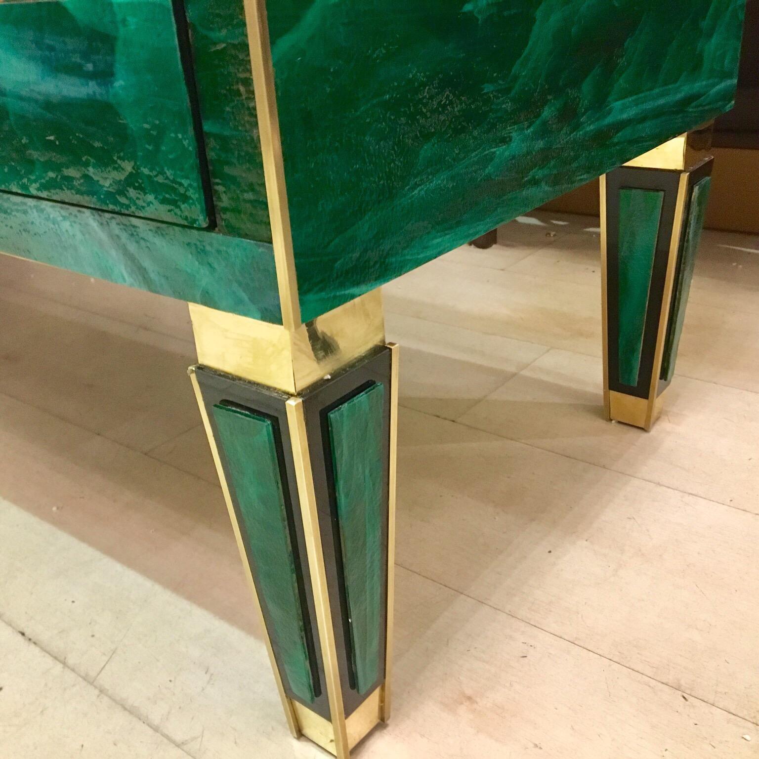 Green Malachite Effect Opaline Glass Chest of Drawers Brass Details, 1980s 2