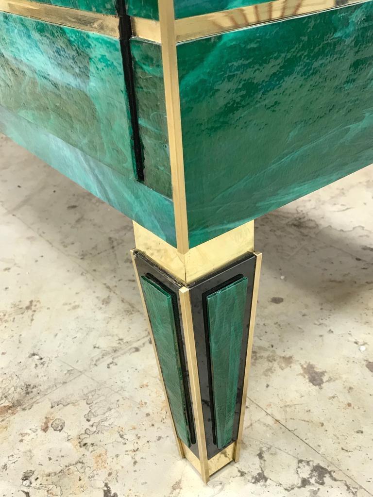 Green Malachite Effect Opaline Glass Chest of Drawers Brass Details, 1980s 3