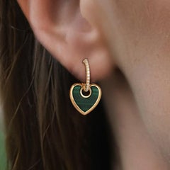 Green Malachite Heart Diamond 14K (or 18k upon request) Yellow Gold Drop Earring