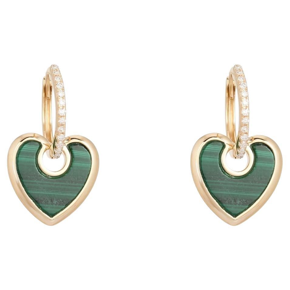 Green Malachite Heart Diamond 14K (or 18k upon request) Yellow Gold Drop Earring