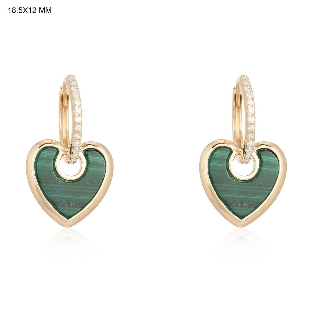 Heart Cut Green Malachite Heart Diamond 14K Yellow Gold Drop Earrings For Sale