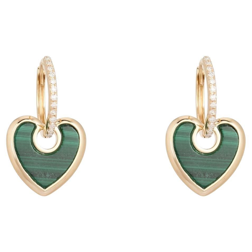Green Malachite Heart Diamond 14K Yellow Gold Drop Earrings For Sale