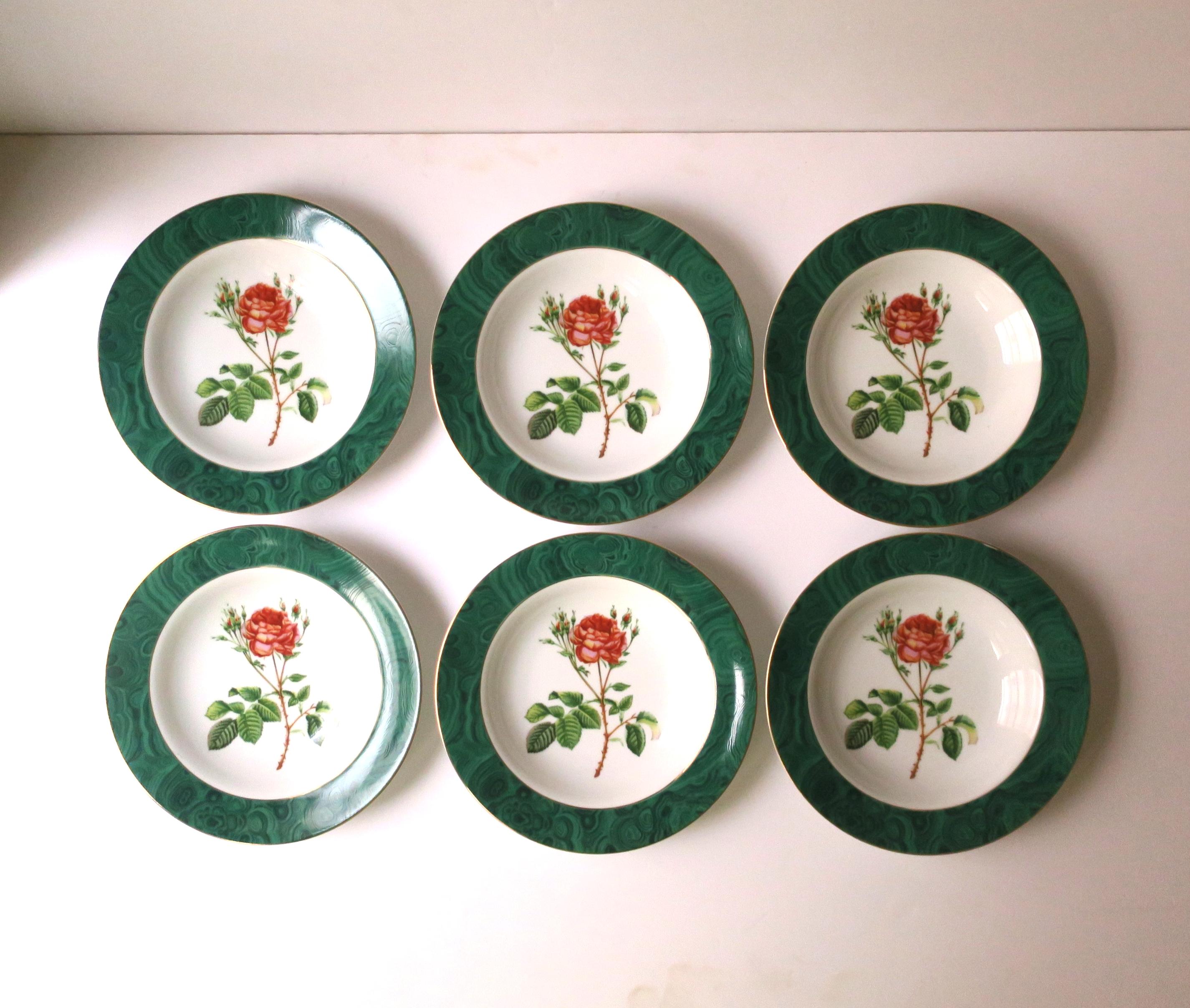A beautiful set of six (6) porcelain soup, salad, or serving/entertaining bowls with a green malachite rim/edge and chintz rose flower center design by Georges Briard, circa late-20th century. A great set to use for soup or salad and to mix/match