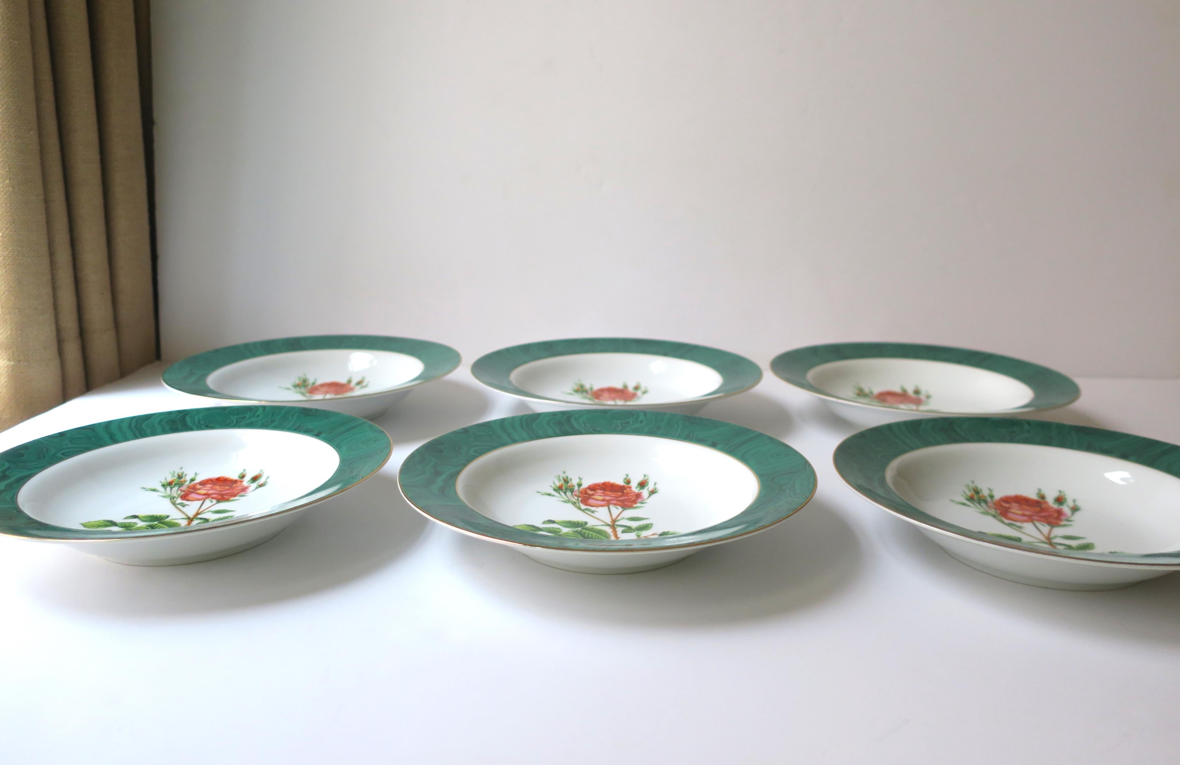 Glazed Green Malachite and Rose Chintz Porcelain Bowls, Set of 6