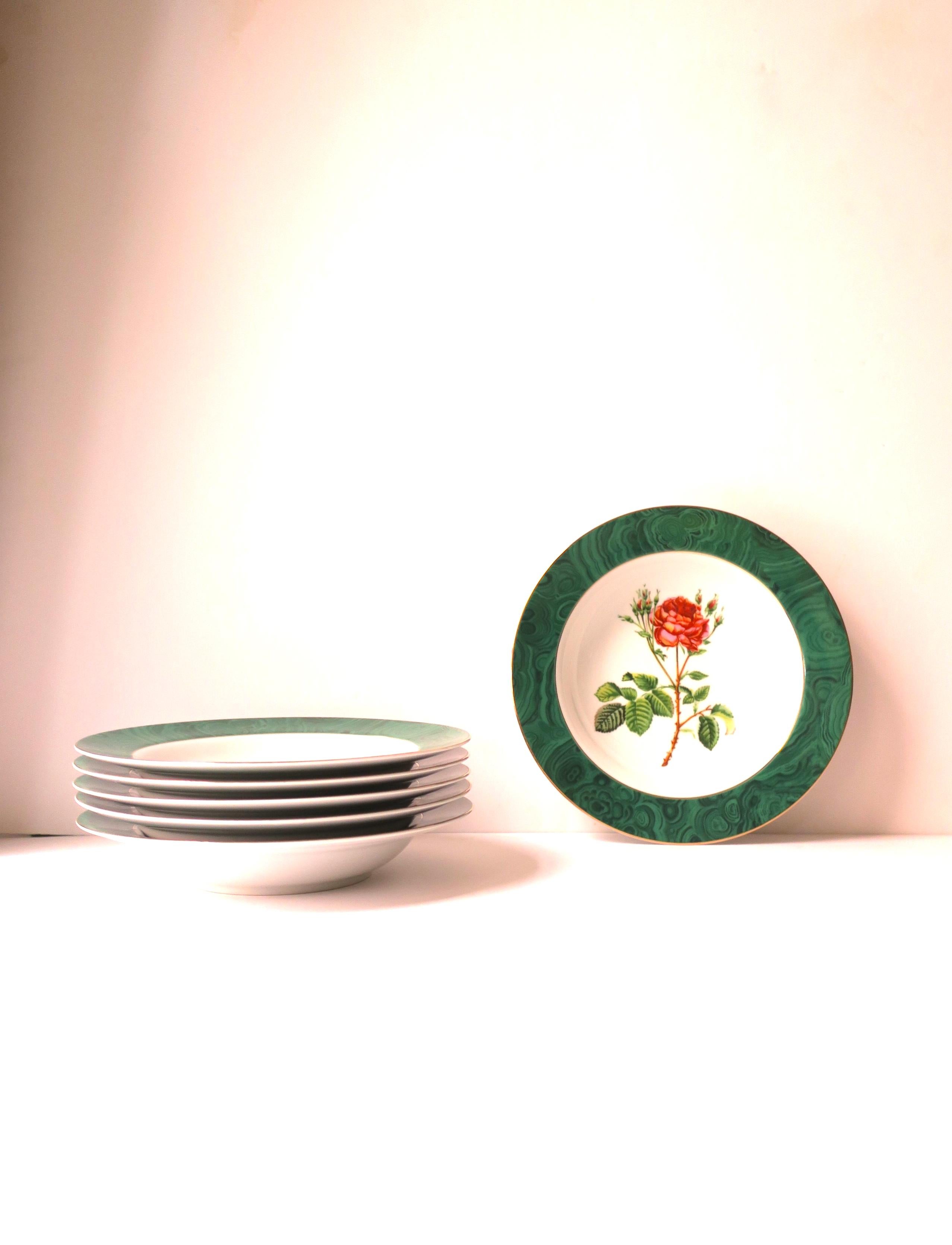 20th Century Green Malachite and Rose Chintz Porcelain Bowls, Set of 6