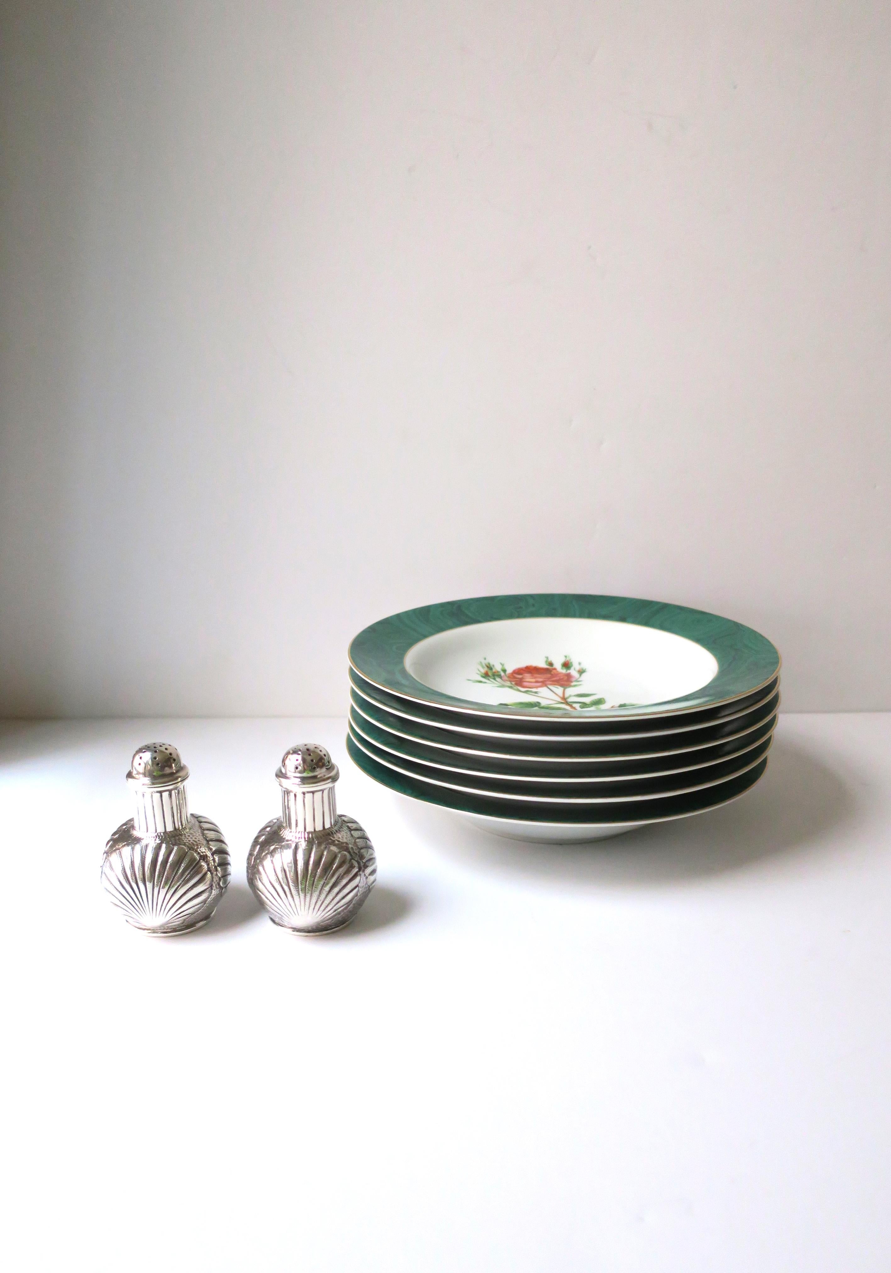 Ceramic Green Malachite and Rose Chintz Porcelain Bowls, Set of 6