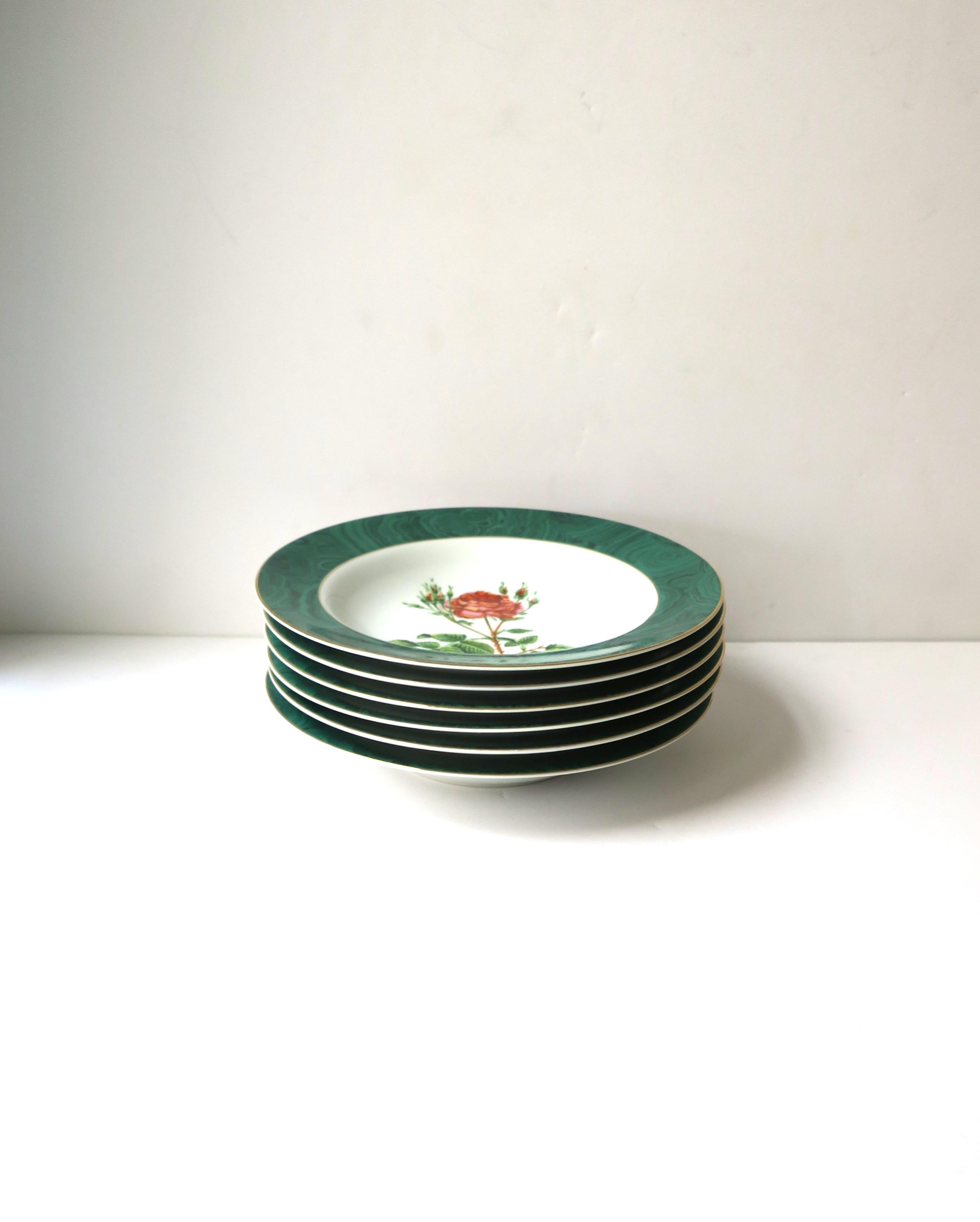 Green Malachite and Rose Chintz Porcelain Bowls, Set of 6 1