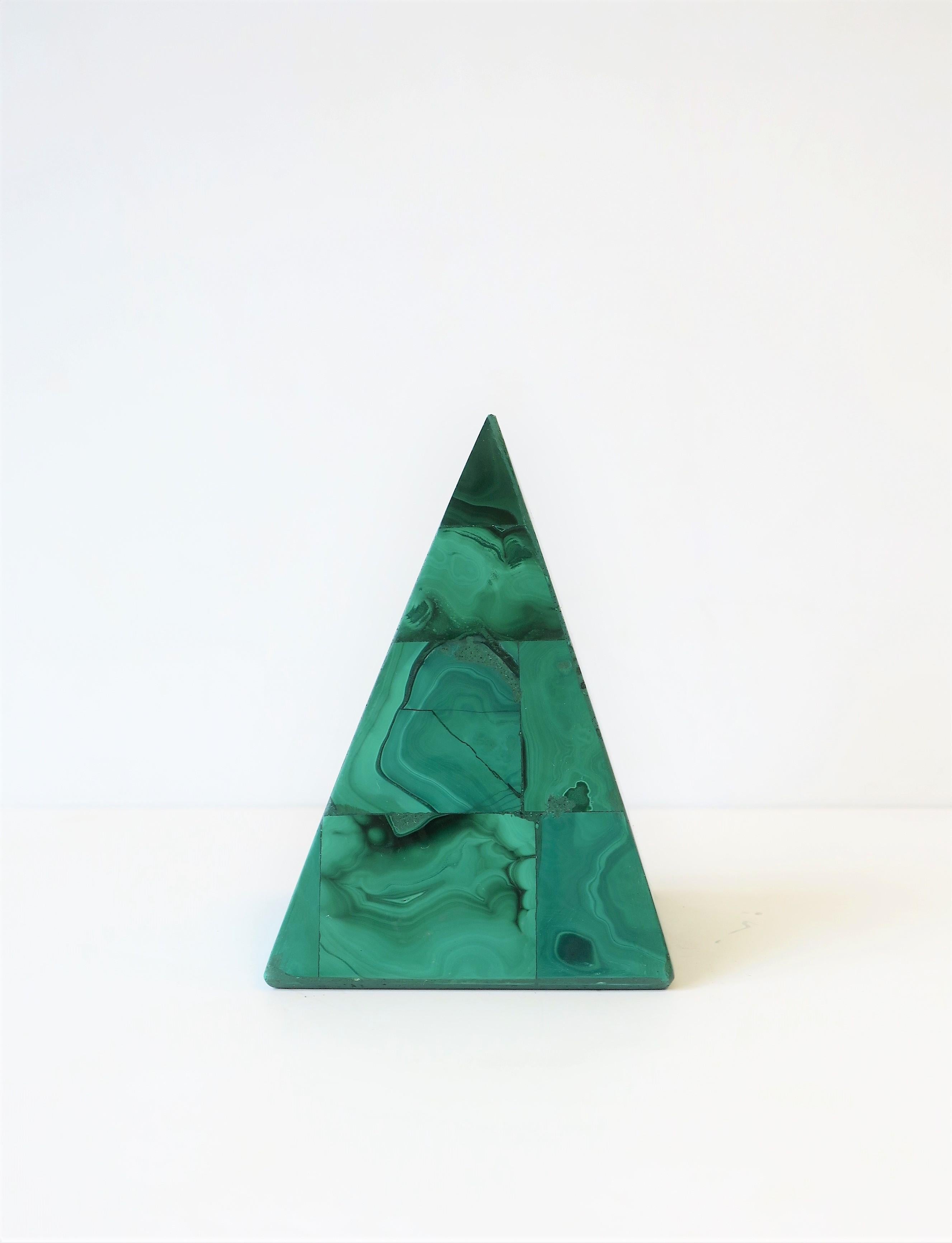 A very beautiful and striking green malachite stone pyramid decorative object. Pyramid is green malachite with a 'tiled' or 'tessellated' polished malachite veneer. Piece measures: 3.25