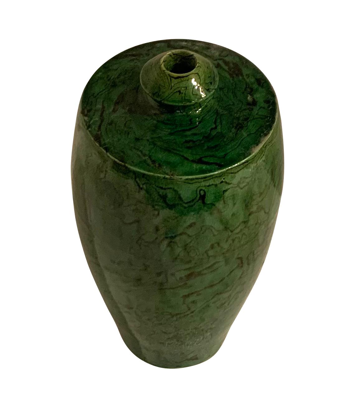Contemporary Chinese malachite patterned vase.
Small spout opening.
Two available.
