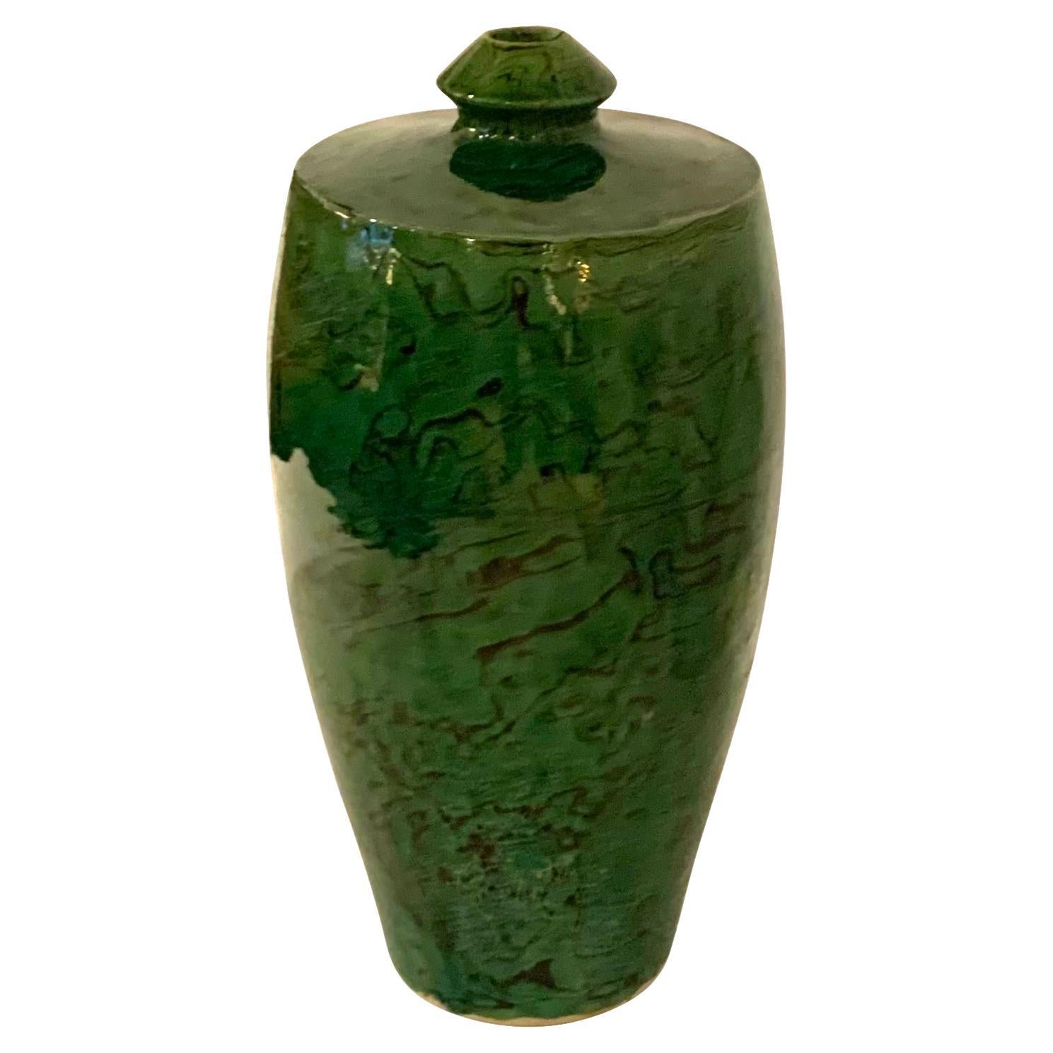 Green Malachite Small Spout Opening Vase, China, Contemporary For Sale
