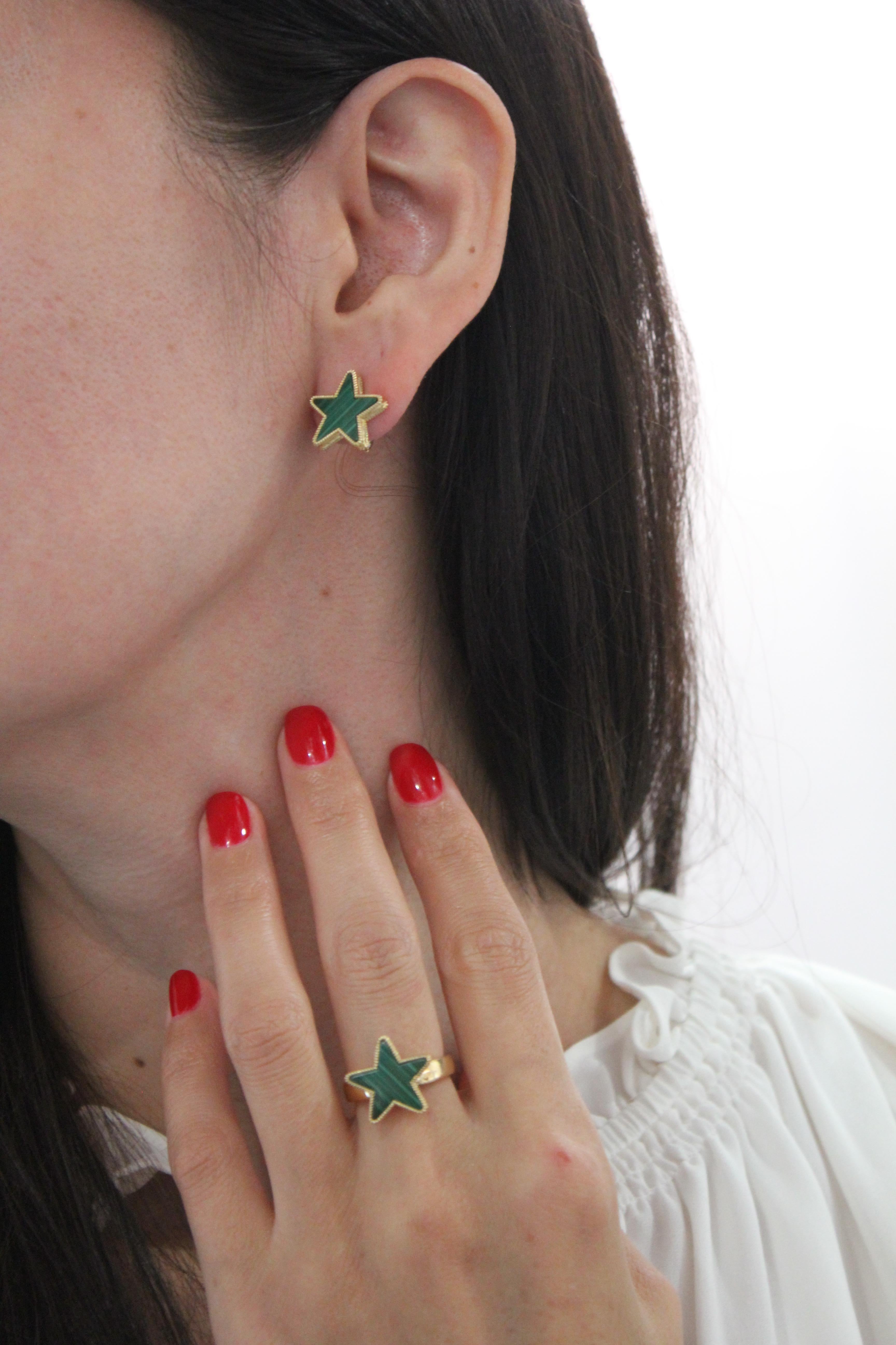 Green Malachite Star Galaxy Celestial Constellation Zodiac Yellow Gold Earrings For Sale 5
