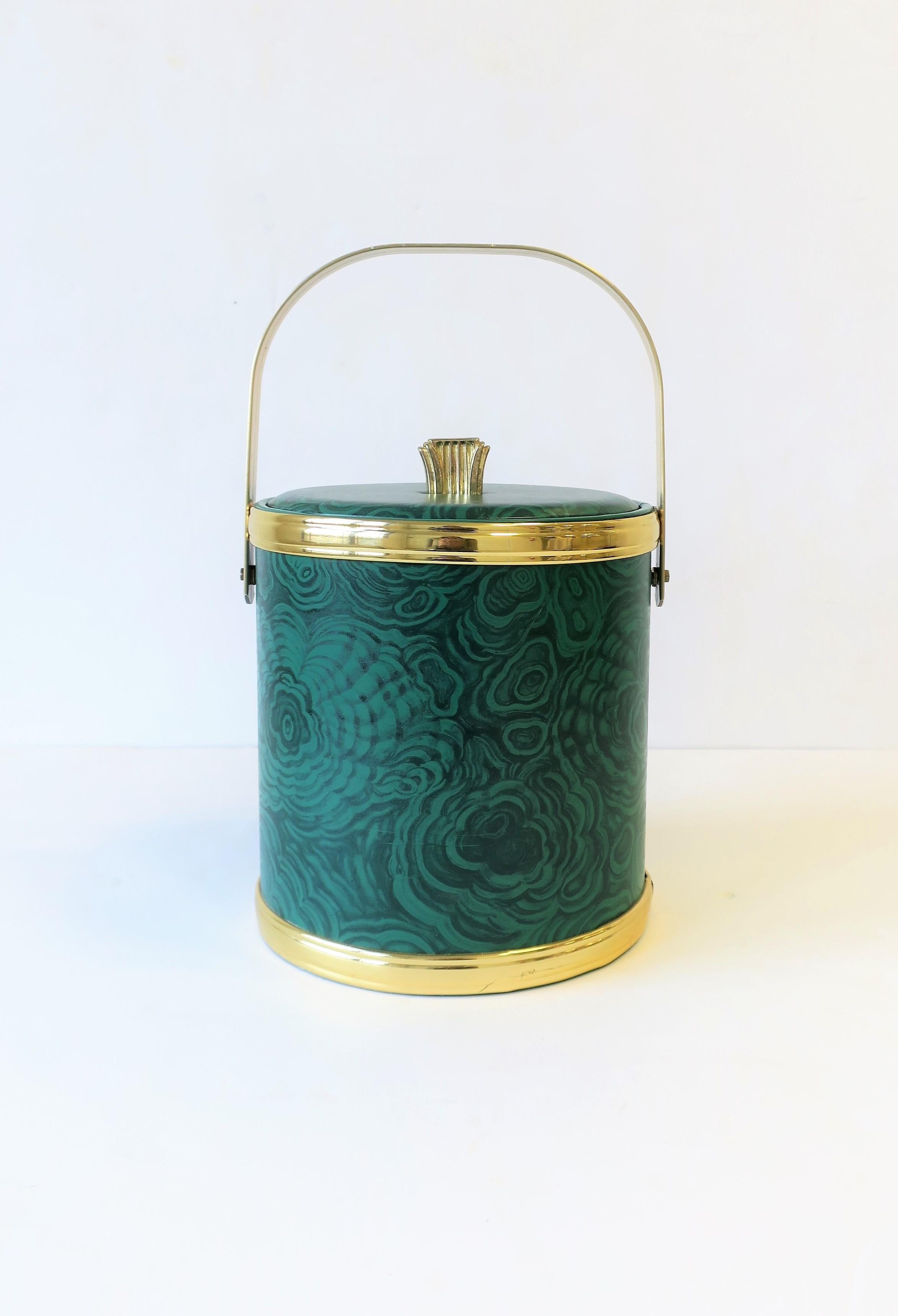 A chic green Malachite style and gold-tone ice bucket or wine/Champagne cooler by designer Georges Briard, circa 1970s. 

Measurements: 
13