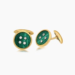 Green Malachite & White Diamond 18K Yellow Gold Button Cufflinks