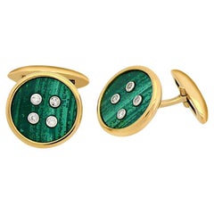 Gemelli a bottone in oro giallo 18 carati con malachite verde e diamanti bianchi