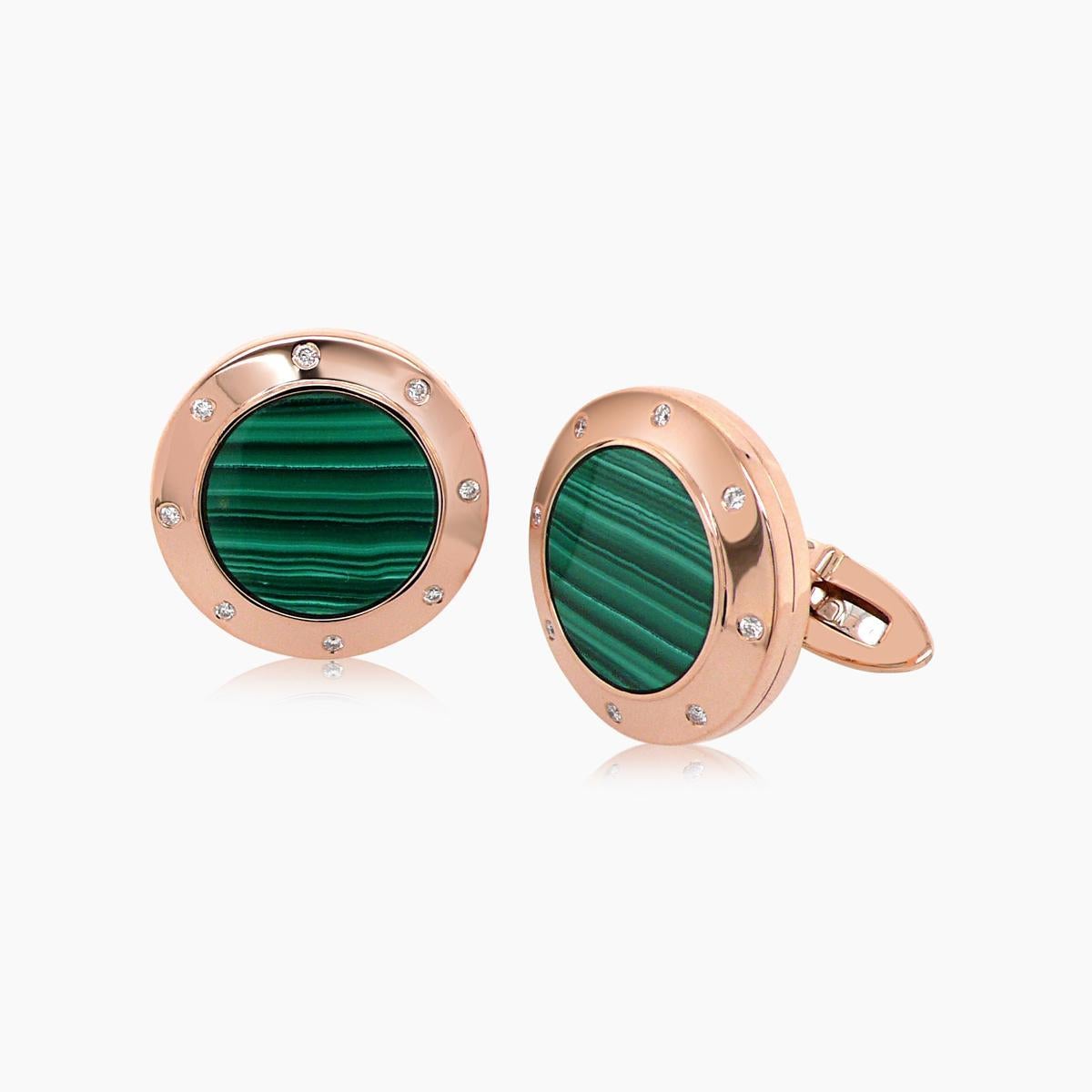 Taglio misto Gemelli con bottone in oro rosa 18 carati e perle bianche di malachite verde e diamanti in vendita