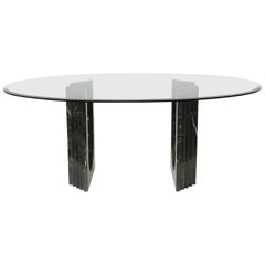 Black Marble and Beveled Glass Top Oval Dining Table