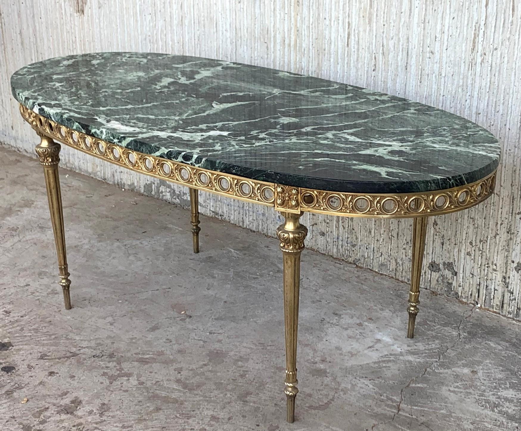 Hollywood Regency Green Marble and Bronze Oval Shaped Coffee Side Table, Italy, 1970s