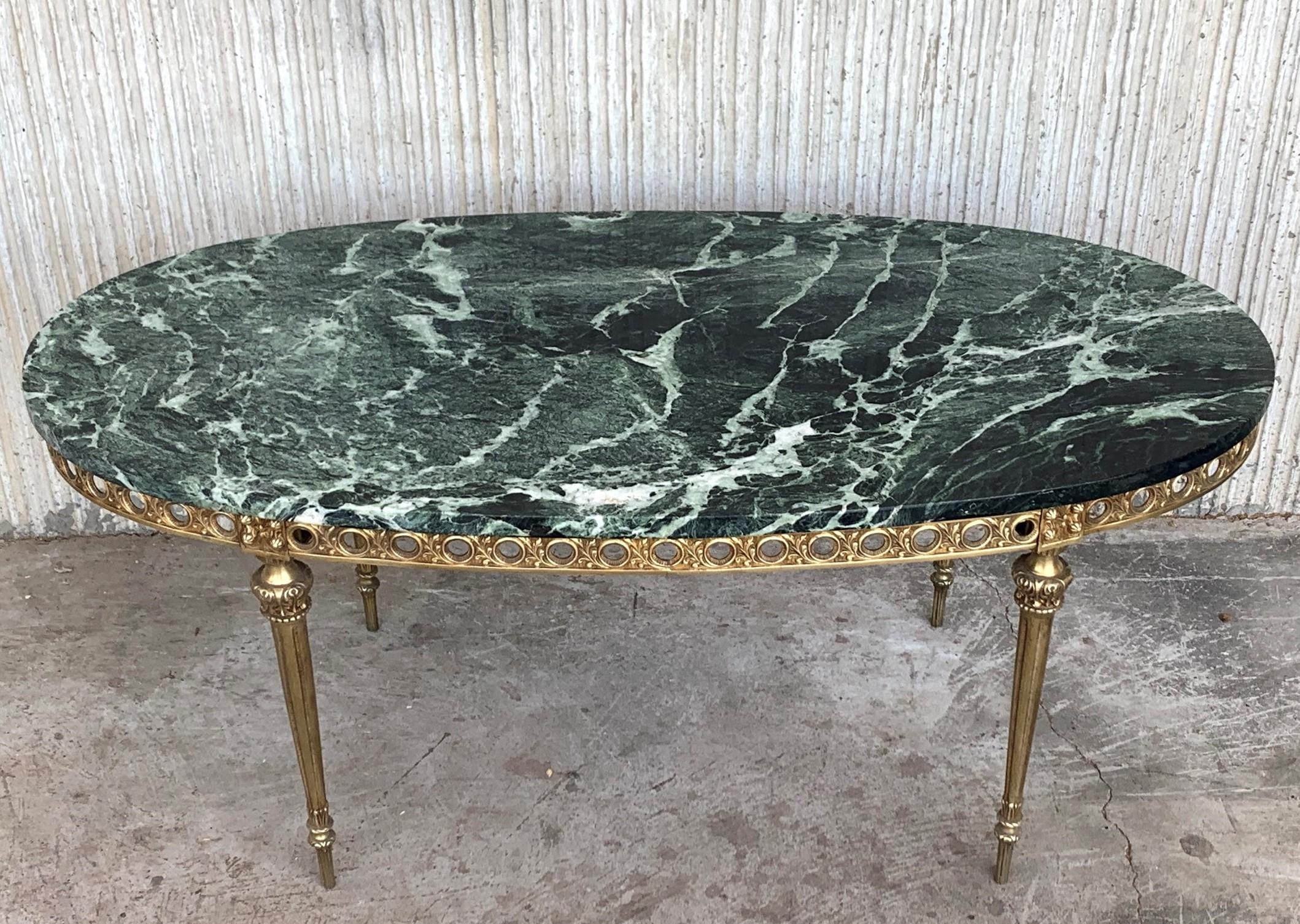 20th Century Green Marble and Bronze Oval Shaped Coffee Side Table, Italy, 1970s