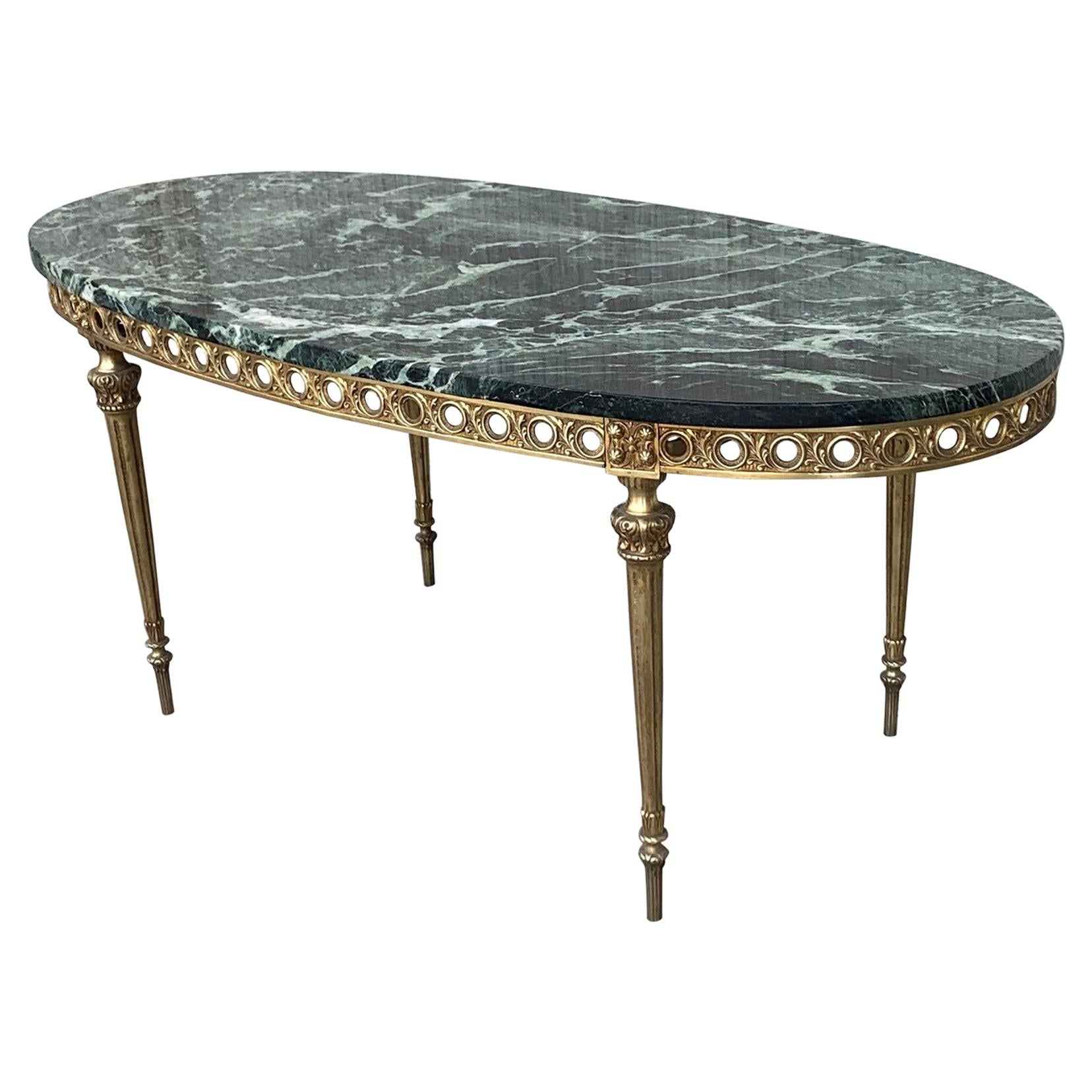 Green Marble and Bronze Oval Shaped Coffee Side Table, Italy, 1970s