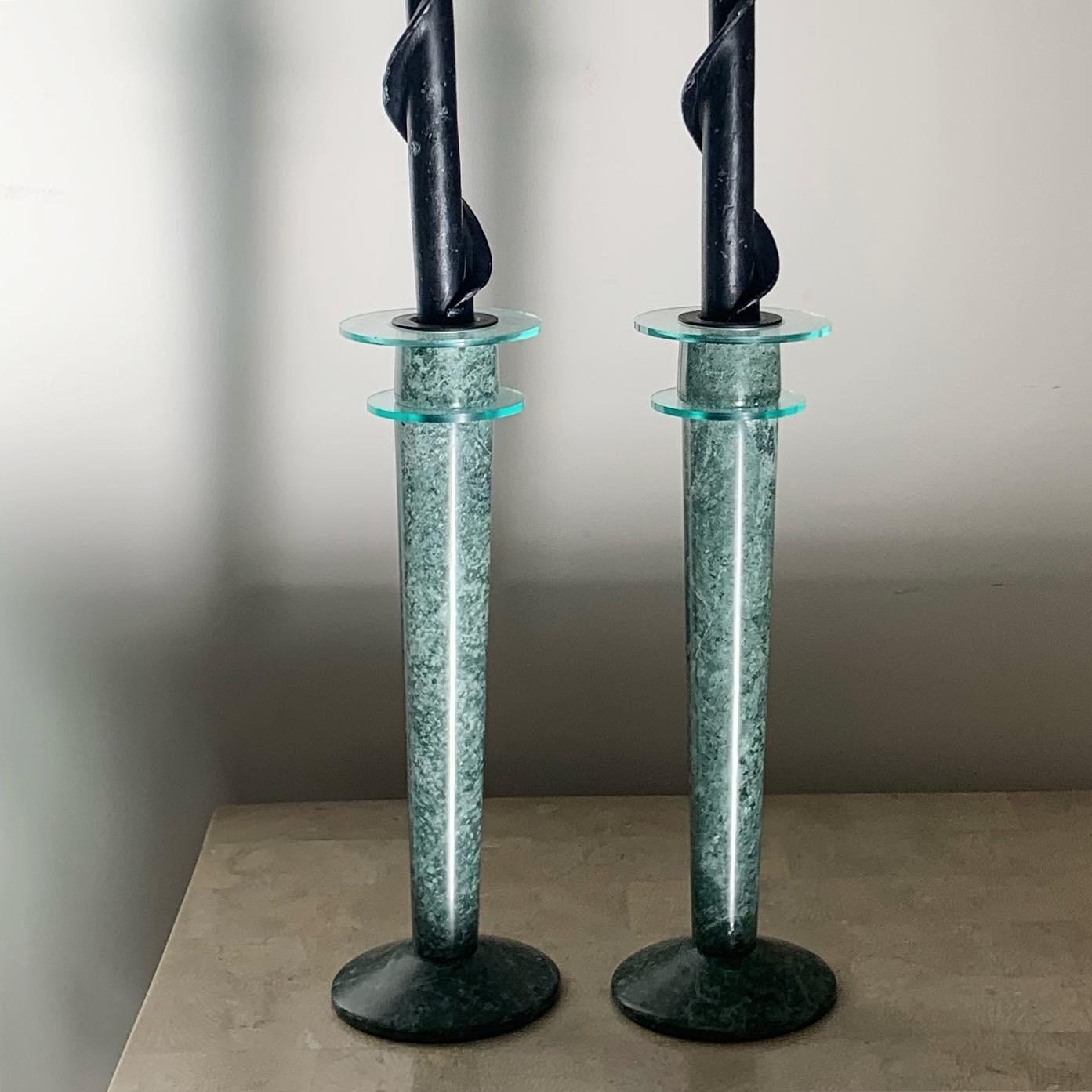 Postmodern Green Marble and Lucite Candlesticks, circa 1980s For Sale 3