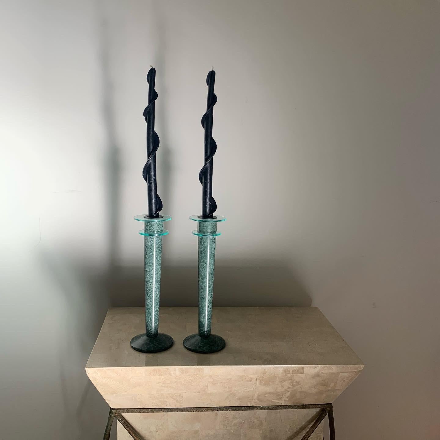 Postmodern Green Marble and Lucite Candlesticks, circa 1980s For Sale 4