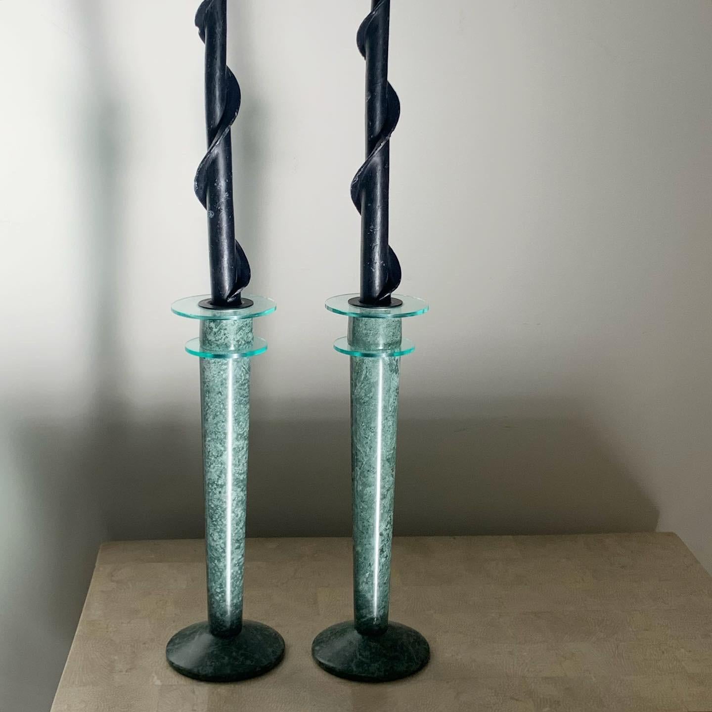 A pair of postmodern marble and lucite candlesticks circa 1980s. Pick up in south west Los Angeles or we ship worldwide. 
11” tall X 3.5” diameter base.