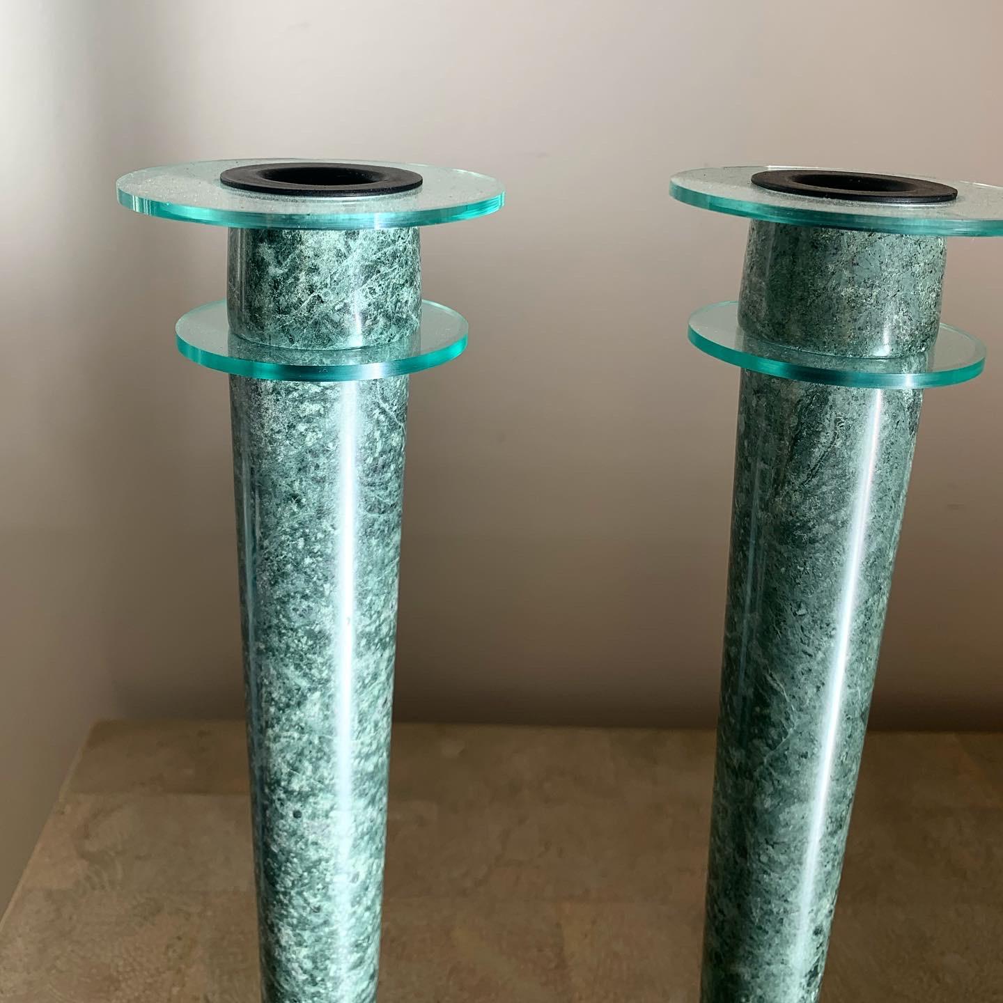 Post-Modern Postmodern Green Marble and Lucite Candlesticks, circa 1980s For Sale