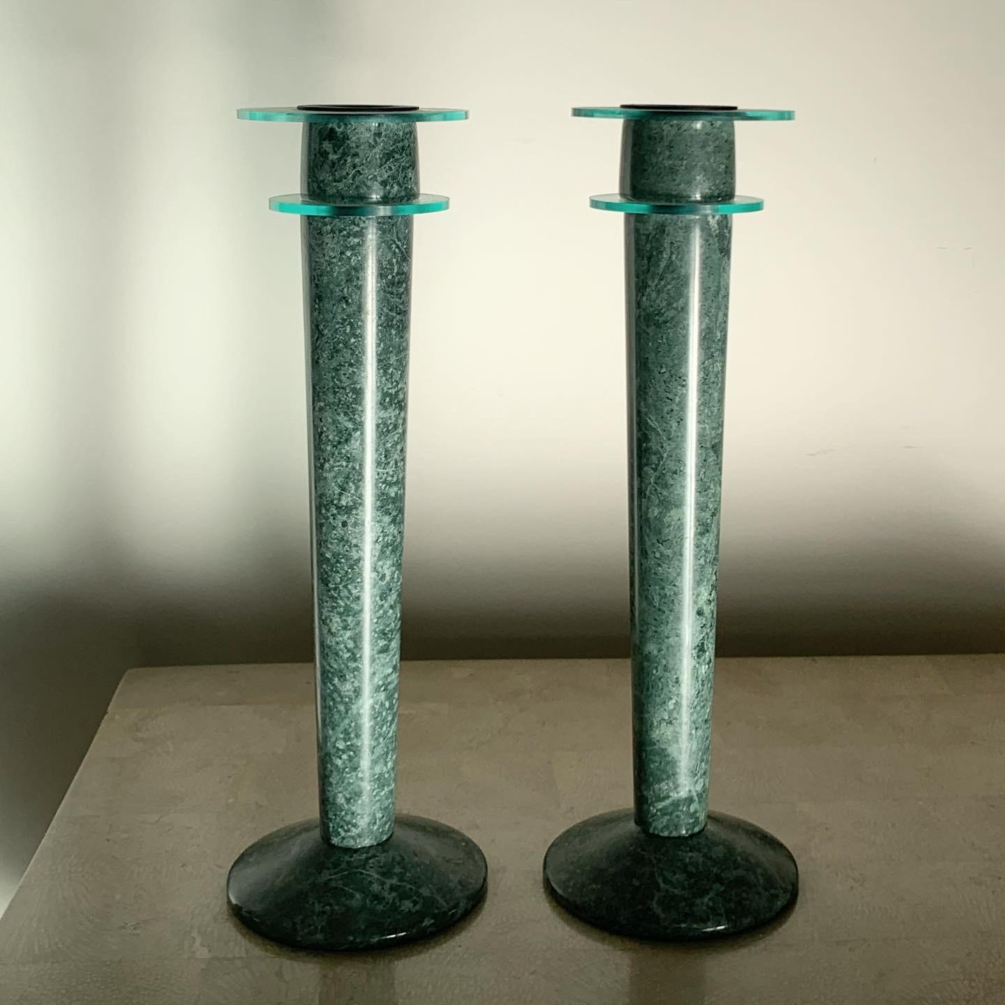 European Postmodern Green Marble and Lucite Candlesticks, circa 1980s For Sale