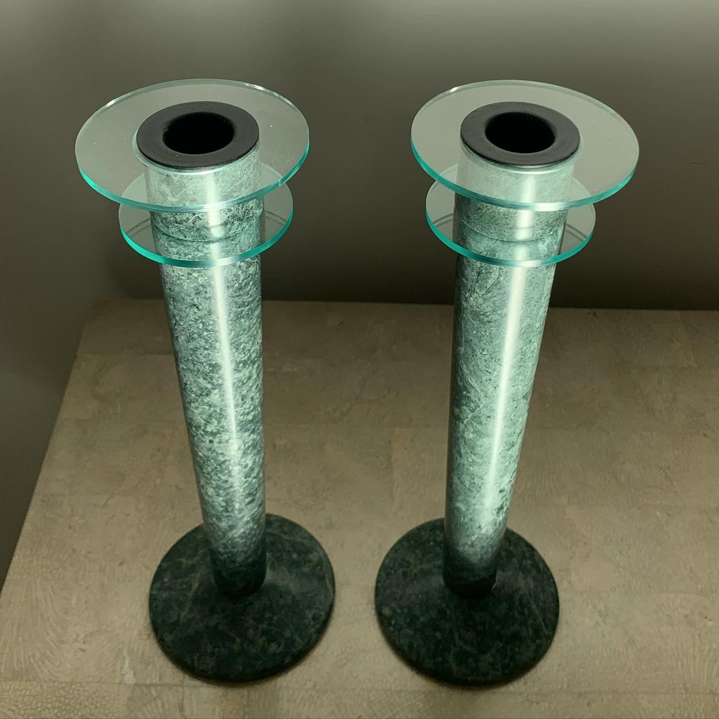 Postmodern Green Marble and Lucite Candlesticks, circa 1980s In Good Condition For Sale In View Park, CA