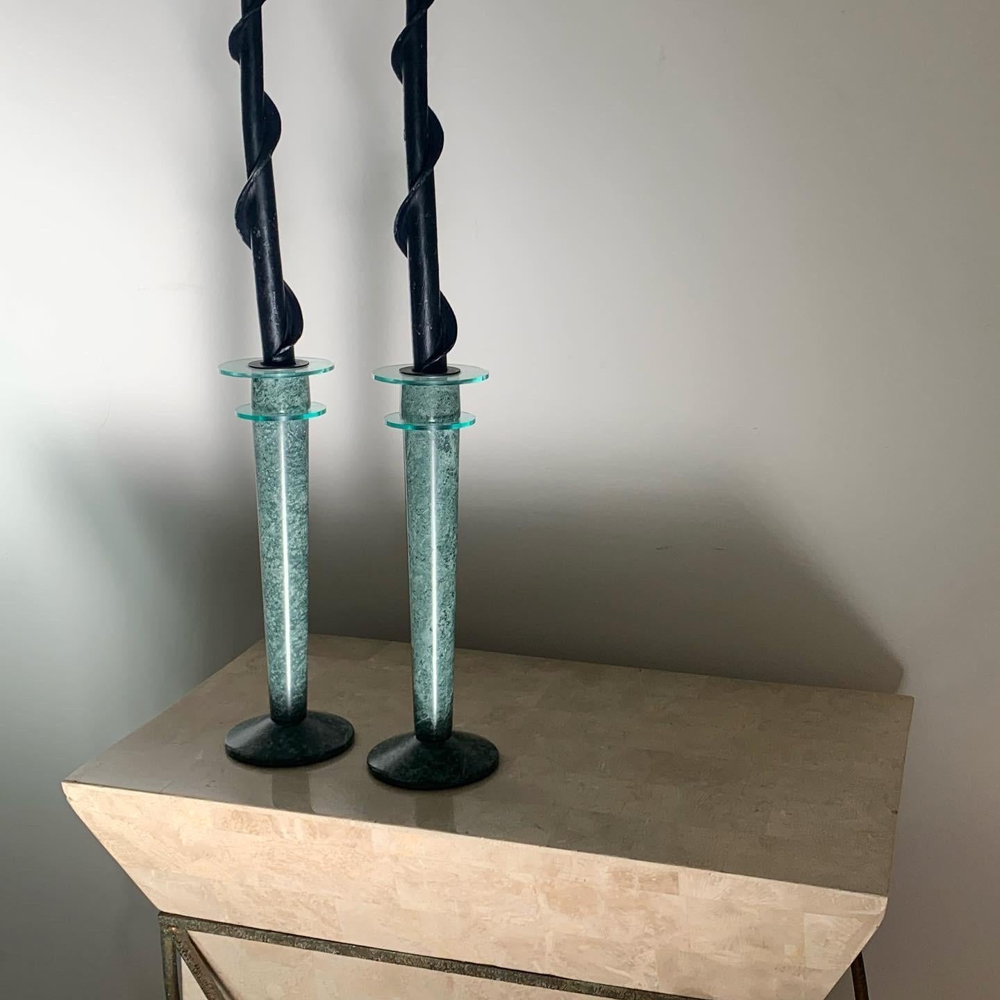 Late 20th Century Postmodern Green Marble and Lucite Candlesticks, circa 1980s For Sale