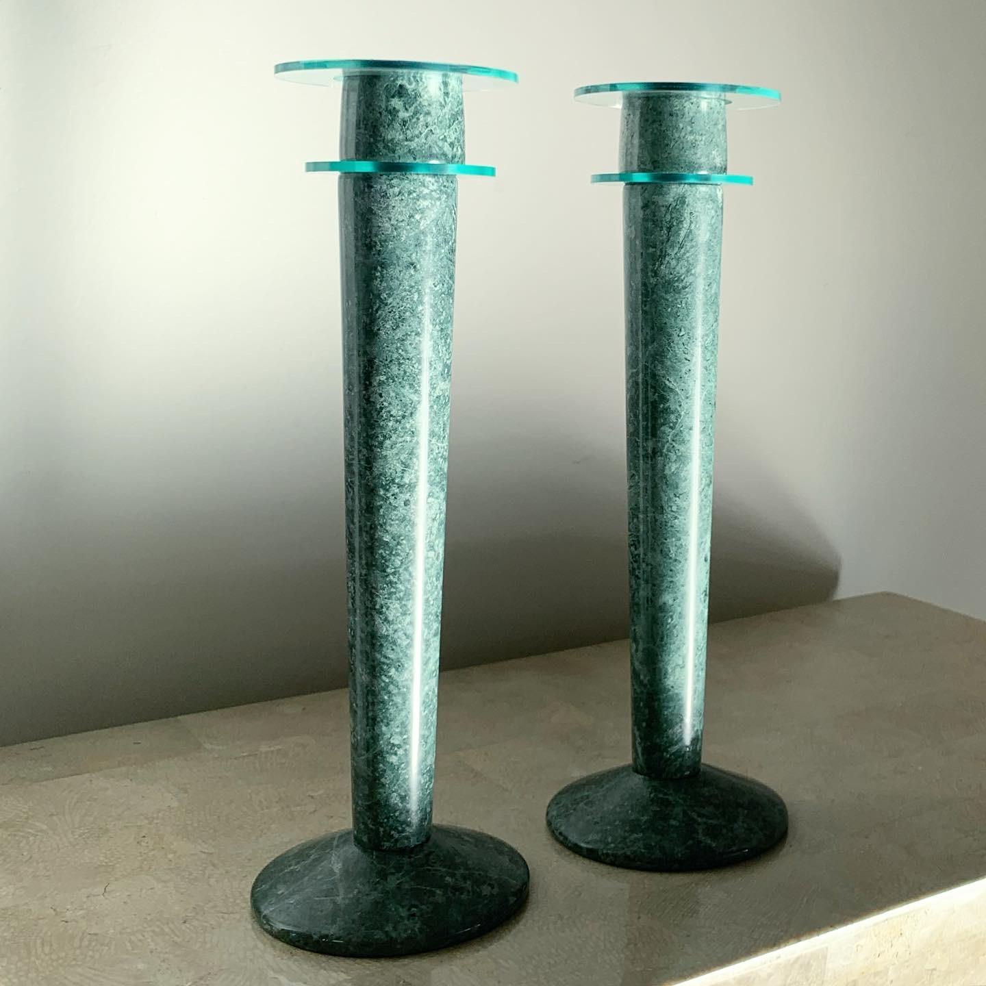Postmodern Green Marble and Lucite Candlesticks, circa 1980s For Sale 1