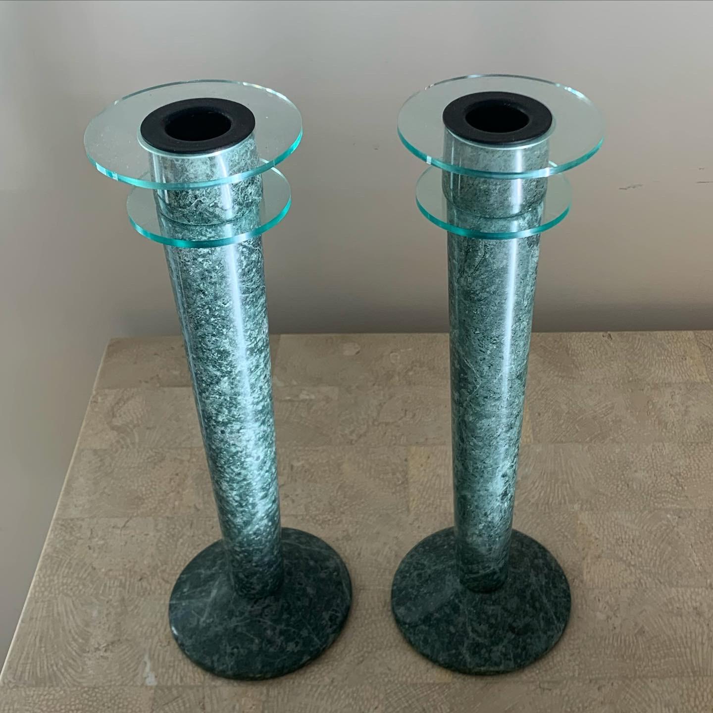 Postmodern Green Marble and Lucite Candlesticks, circa 1980s For Sale 2