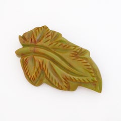 Green Marble Bakelite Carved Leaf Brooch, 1950s