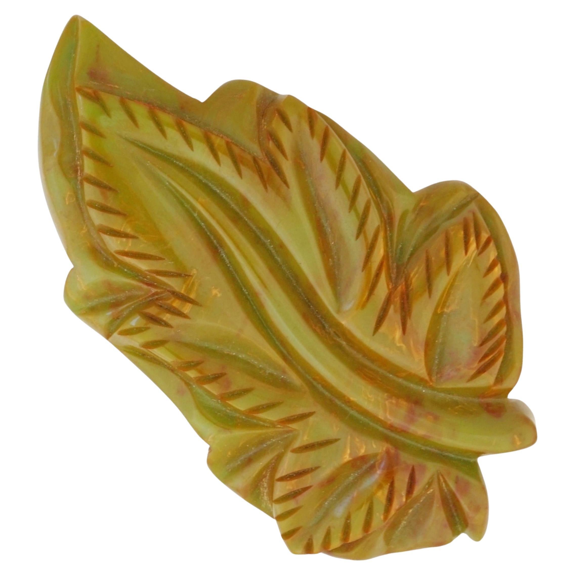 Green Marble Bakelite Carved Leaf Brooch, 1950s For Sale