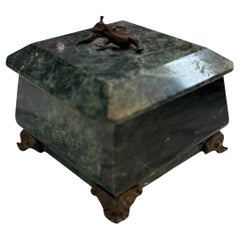 Vintage Green Marble Box with Bronze Accents and Animal Finial