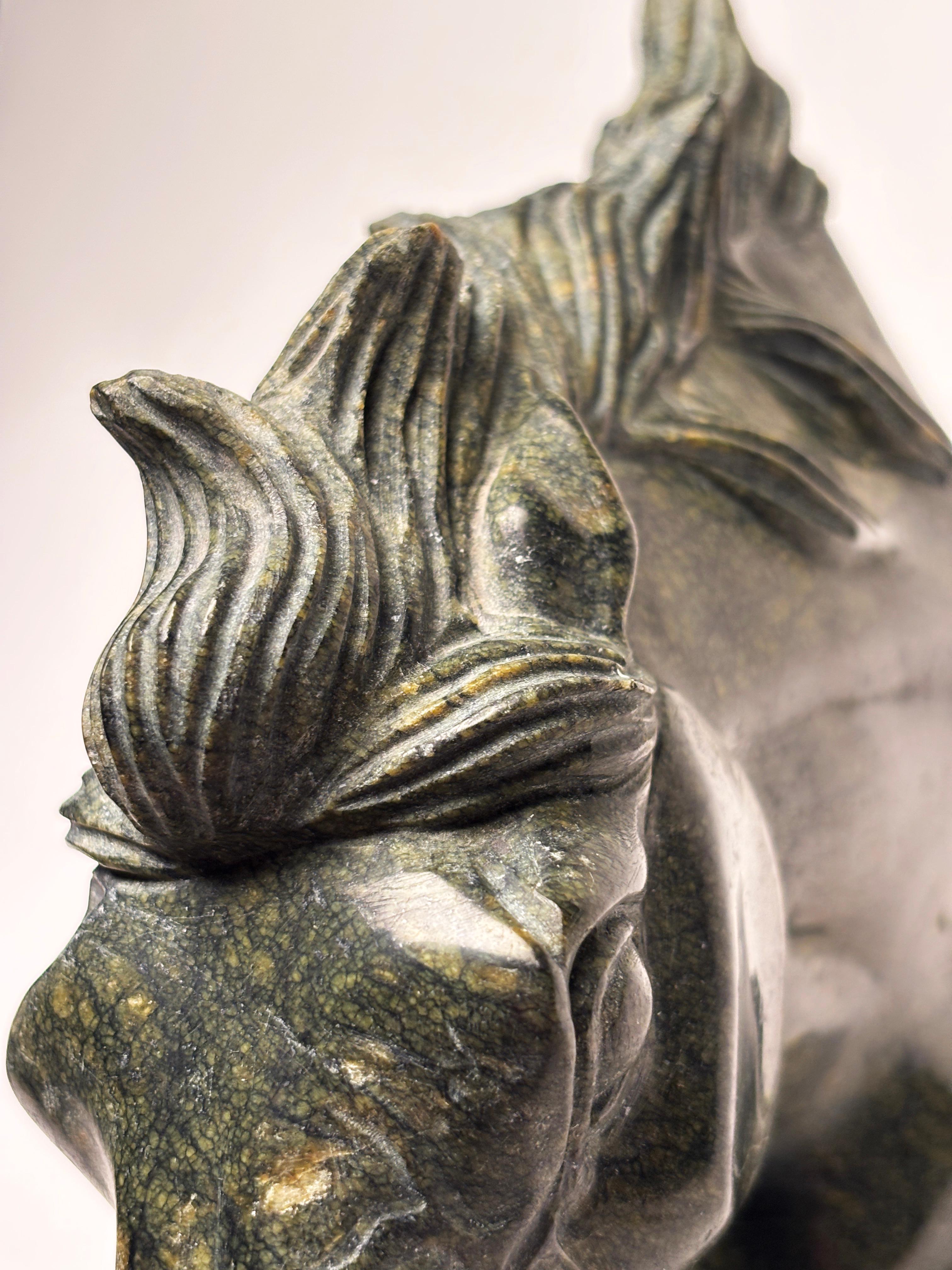 Green Marble Carved Horse Head Sculpture on Marble Base For Sale 3