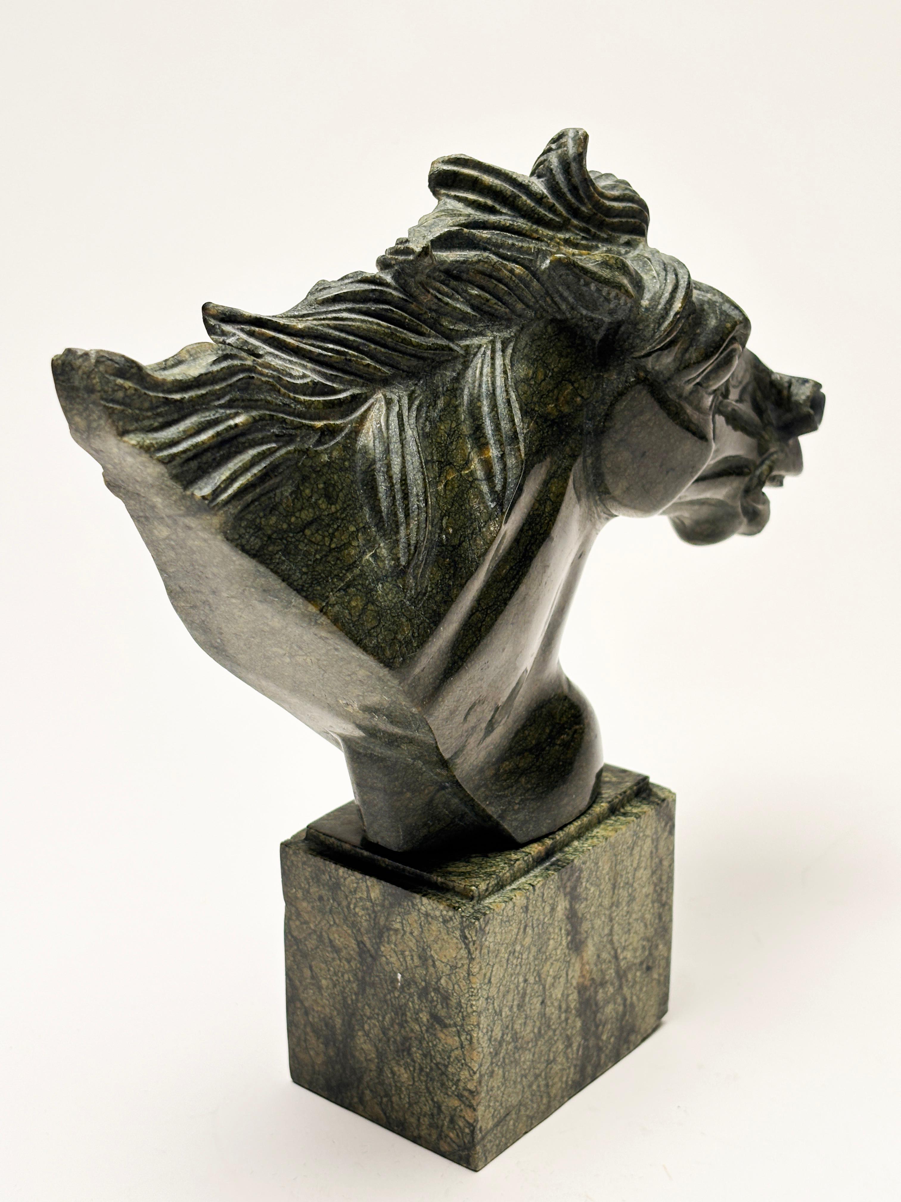 Green Marble Carved Horse Head Sculpture on Marble Base For Sale 6